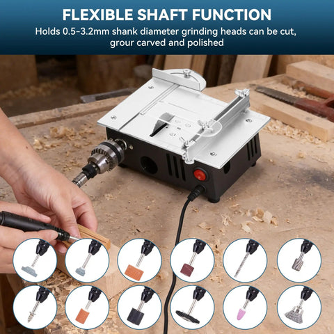 Compact Mini Table Saw Featuring Game Changing Dual Motor Safety Switches with flexible shaft function for precision crafting.