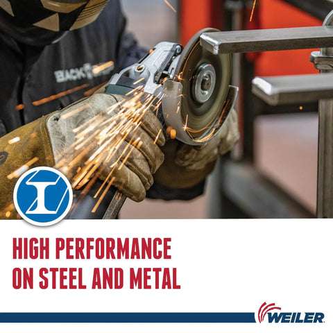 Worker using Tiger 7 Inch Type 27 Grinding Wheel With 1/4 Inch Thick A24R Resin Bond for fast metal grinding on steel