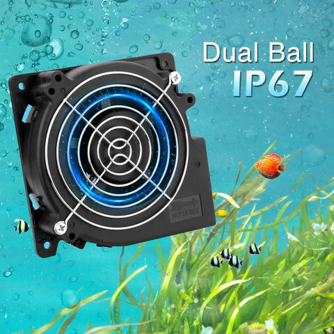 Heavy Duty IP67 120mm Blower Fan With Dual Ball Bearings 12V DC Brushless displayed with underwater background