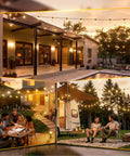 Outdoor nighttime scene with 200 Ft LED Outdoor String Lights With Shatterproof Edison Bulbs illuminating patio and garden areas.