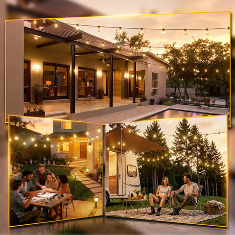 LED Outdoor String Lights 25Ft With Edison Shatterproof Bulbs illuminating patio and garden in evening setting.