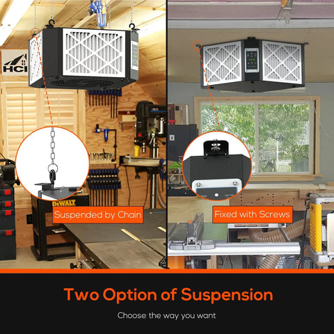 Air Filtration System For Woodworking With Built In Ionizer And 1350 CFM Hanging Dust Collector installation options