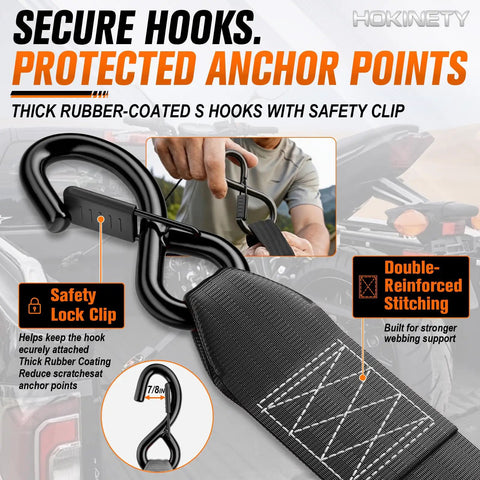 Retractable Ratchet Tie Down Straps with thick rubber-coated hooks and safety clip for secure anchoring of cargo.