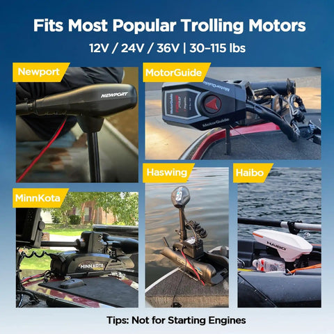 12V 100Ah LiFePO4 Marine Battery With Bluetooth App 1280Wh Deep Cycle Trolling Motor Battery Built In 100A BMS 4000 Plus Deep Cycles For Boat RV And Off Grid Solar System On The Water Ready shown with various trolling motors.