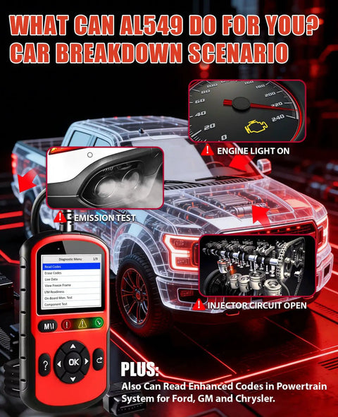 OBD2 Scanner AutoLink AL549 All In One Pro Grade Diagnostic Tool showing car scenarios like engine light and injector issues.