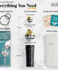 Top Shelf Insulated Cocktail Shaker Set With Double Wall Stainless Steel Body And Integrated Jigger Strainer For Smooth Home Bar Pouring And Easy Party Mixing With Total Zero Condensation Drama In Slick Gold Finish, showing 27 oz shaker, jigger, recipe cards, and travel bag.