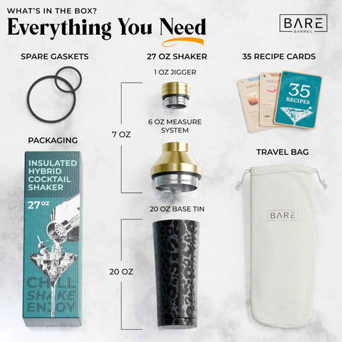 Top Shelf Insulated Cocktail Shaker Set With Double Wall Stainless Steel Body And Integrated Jigger Strainer For Smooth Home Bar Pouring And Easy Party Mixing With Total Zero Condensation Drama In Slick Gold Finish, showing 27 oz shaker, jigger, recipe cards, and travel bag.