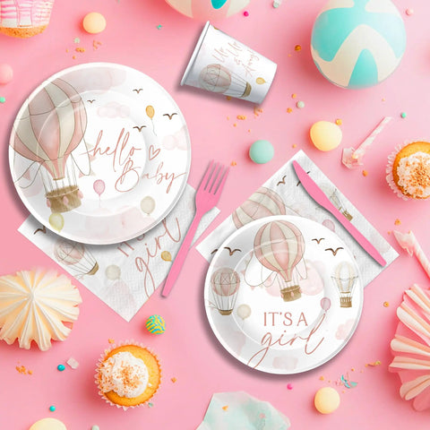 Pink Hot Air Balloon Baby Shower Tableware Set Disposable For Girly Baby Shower Decor Includes Plates Cups Napkins And Cutlery