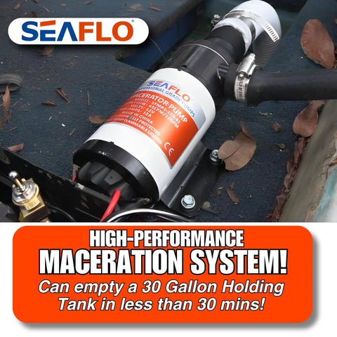 01 Series Macerator Pump 12V DC 12 GPM 45 LPM installed on boat deck.