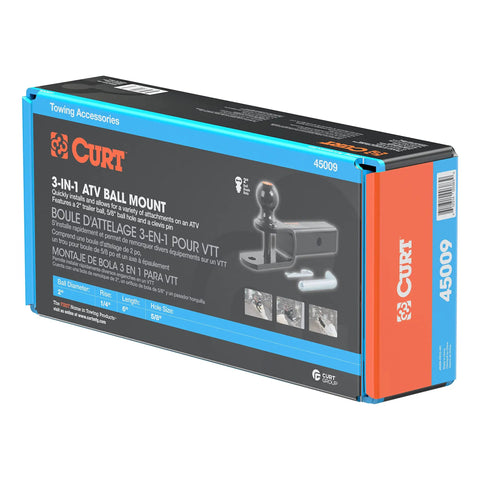 Curt 3 In 1 ATV Hitch Ball Mount For 2 Inch Receivers With 2 Inch Ball Five Eighth Inch Hole And Clevis Pin box