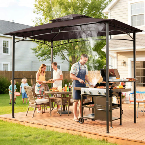 8x5 Grill Gazebo All Weather Outdoor BBQ Canopy With Steel Frame Two Shelves And Utensil Organizer Bottle Opener Rustproof Patio Shelter For Backyard Grilling Year Round on deck with family grilling
