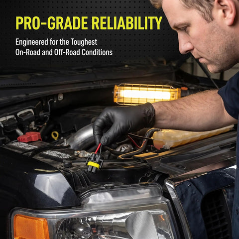 User installing Tough As Nails 9005 And 9006 Headlight Connectors 2 Pack Female Adapter Wiring Harness in a vehicle engine bay.