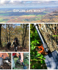 Collage of hikers using All In One Folding Survival Shovel With Pickaxe Military Grade Rugged Collapsible Spade in outdoor settings.