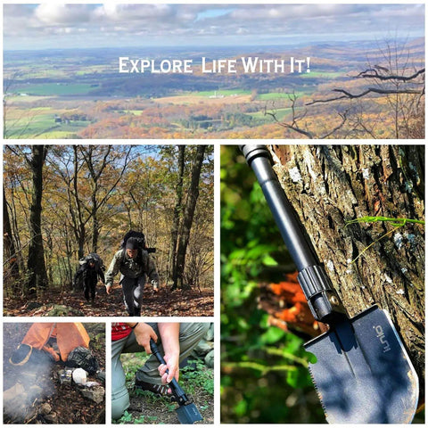 Collage of hikers using All In One Folding Survival Shovel With Pickaxe Military Grade Rugged Collapsible Spade in outdoor settings.
