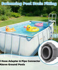 Above Ground Pool Drain Adapter Kit for Coleman and Bestway Pools with hose clamps next to pool with floats.