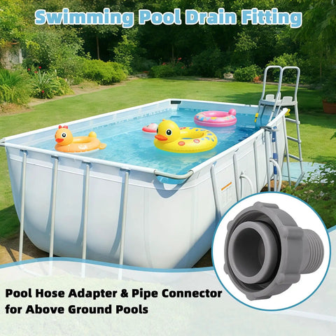 Above Ground Pool Drain Adapter Kit for Coleman and Bestway Pools with hose clamps next to pool with floats.