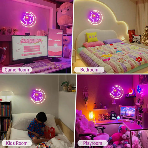 Anime Luna Neon Sign LED Dimmable Moon Cat Night Light For Bedroom Wall Decor Lit Pink Kawaii Neon Light in various rooms