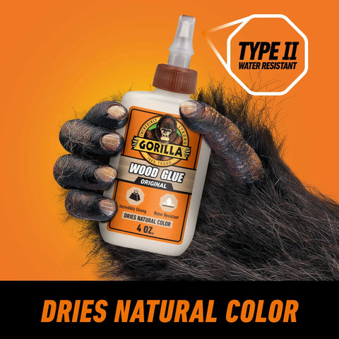 A hand holding wood glue bottle with Type II watermark; focuses on Natural Wood Color Wood Glue, 4 Ounce Bottle Pack of 2 - Water Resistant Bond for Indoor Outdoor Projects, Quick 20 to 30 Minute Clamp Time, Fully Cures in 24 Hours, Your Go-To Glue for DIY Repairs and Craft Projects.