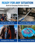 Collage showing Telescoping Pickup Tool With Magnetic Pole And Dual Hooks in various uses, including pulling wires and retrieving items.