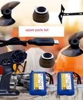 Beast 14 Inch RC Boat spare parts including dual 1100mAh batteries, propellers, USB charger, remote, and hull support.