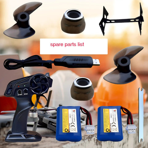 Beast 14 Inch RC Boat spare parts including dual 1100mAh batteries, propellers, USB charger, remote, and hull support.