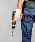 Person holding drill with Six Piece Magnetic Drill Bit Extension And Screwdriver Bit Holder Set For Impact Drivers And Drills in use.