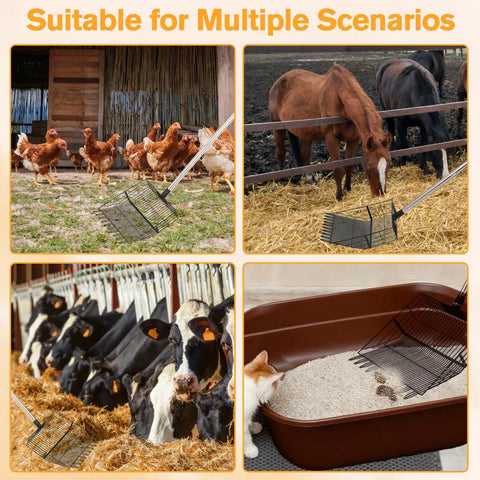 Image of Beefy Heavy Duty Chicken Poop Scooper With Adjustable Long Handle And Stainless Steel Sifter Shovel near animals.