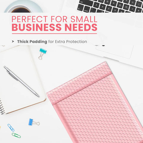 Light Pink 8.5 By 12 Inch Bubble Mailers Self Seal Padded Envelopes Air Cushioned Waterproof Lightweight Shipping Bags Usable 8.5 By 11 Space Pack Of 100 For Easy Hassle Free Shipments shown with stationery.