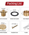 No Sweat Lift Turn Tub Drain Trim Kit With One Hole Overflow Faceplate Brushed Gold Packing List Components Display