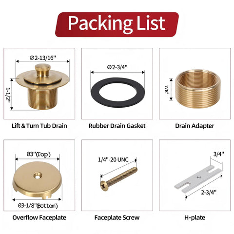No Sweat Lift Turn Tub Drain Trim Kit With One Hole Overflow Faceplate Brushed Gold Packing List Components Display