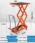 Heavy Duty Double Scissor Hydraulic Lift Table Cart Built Tough For Shop Floors with 28x18 inch deck and 330 lbs capacity.