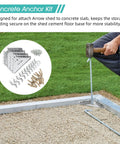 Concrete Shed Anchor Kit For Sheds And Garages With Four Steel Corner Gussets being installed on concrete floor base