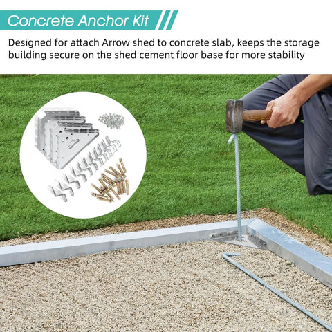 Concrete Shed Anchor Kit For Sheds And Garages With Four Steel Corner Gussets being installed on concrete floor base