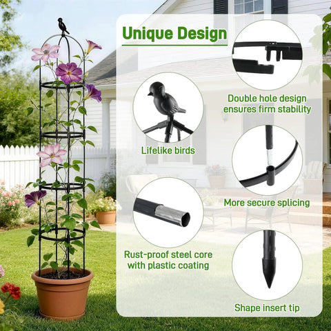 6ft Obelisk Garden Trellis For Climbing Plants Rustproof Metal Pipe With Heavy Duty Plastic Coating Outdoor Indoor Plant Support For Clematis Vine Jasmine Tomatoes And Vines Adjustable Height Black with design features