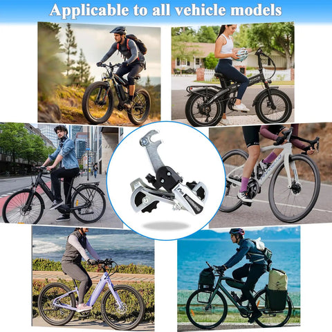 Collage featuring Rear Derailleur RD TY21B 6 And 7 Speed Replacement for various bike types, emphasizing compatibility and durability.