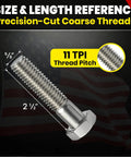 Top Tier 5/8 X 2 1/2 Inch 304 Stainless Steel Hex Head Bolts size and length reference with coarse threads and 11 TPI.