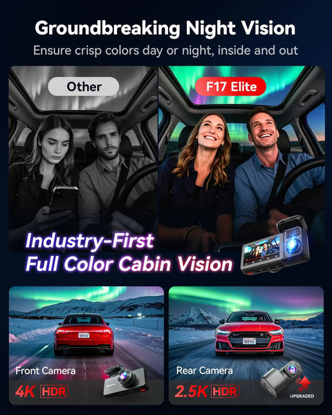 Image showing Elite 4K Dash Cam With 3 Channel Front 4K, Rear 2.5K And Cabin 1080P displaying night vision capabilities.