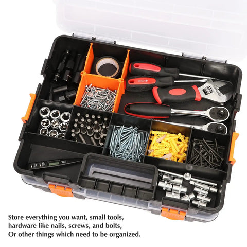 Top view of Built Tough 34 Compartments Toolbox Organizer Set With 20 Removable Dividers For Screws Nuts And Small Parts Clear Lid Black And Orange Plastic Case Large 15 Inch Long By 11.6 Inch Wide By 2.6 Inch Deep Two Piece Set filled with tools and hardware.