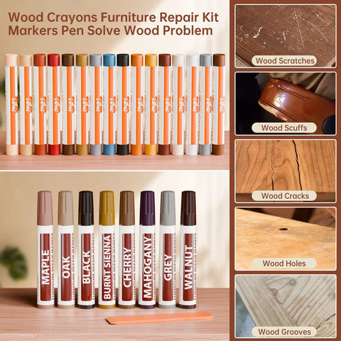 24 Piece Wood Repair Kit With 16 Color Wax Crayons And 8 Furniture Marker Touch Up Pens for scratches and cracks repair