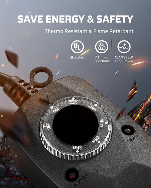 Top Tier Outdoor Weatherproof Light Timer Featuring Built In Daylight Detector showing timing dial and plug features in close-up.