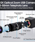 Diagram of Crystal Clear 1080P USB Web Camera With 5-50mm Varifocal Telephoto Zoom Lens highlighting features and components.