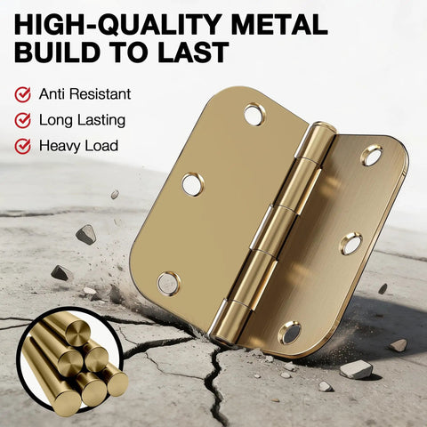 Heavy Hitting 30 Pack 3.5 Inch Premium Champagne Bronze Door Hinges Built Dang Tough From Solid Metal With Clean 5/8 Radius Edges For Smooth 270 Pivot On Every Interior Or Exterior Door Install Designed To Handle Real World Grind Daily showing a premium hinge on cracked concrete.