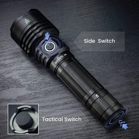 C8L Rechargeable Tactical Flashlight With 3100 Lumens Beast Mode Brightness And 531 Meter Throw, focus on switches.