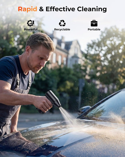 Man cleaning car with Powerful High Speed 110000 RPM Electric Air Duster With Brushless Motor, showcasing rapid and effective cleaning