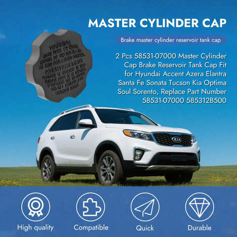 Image of Hyundai and Kia brake master cylinder reservoir cap replacement next to a white Kia SUV on grass.