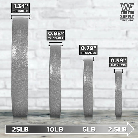 Gray weight plates showing thickness for Adjustable Barbell and Dumbbell Weight Set With 1 Inch Threaded Chrome Knurled EZ Curl Or Straight Bar Handle For Home Gym Gainz Strength Training 105 Lb Total Includes 72 Inch Bar Plates And Star Lock Collars Gray.