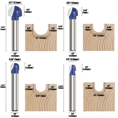 4 Pack Cove Router Bit Set With One Quarter Inch Shank Core Box Round Nose Milling Cutter For Woodworking Solid Carbide Juice Groove Bits