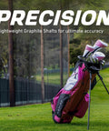 Women's Golf Club Set With Driver, Fairway Wood, Hybrid, Six PW Irons, Putter, Stand Bag, Three Head Covers, Ultra Light Graphite Shafts, Right Handed, Pink Finish, displayed on green field