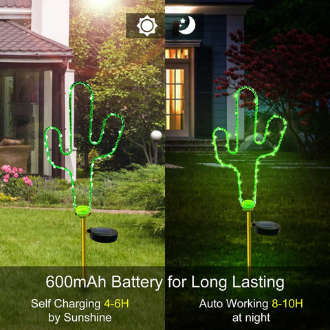 2 Pack Solar Cactus Walkway Lights For Outdoor Garden Pathway Lawn Patio Decor Waterproof Stake Lights with 600mAh battery