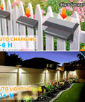 Solar Fence Lights 4 Pack Plus 100 Lumen Outdoor Solar Light IP65 Waterproof mounted on white garden fence with auto charging.